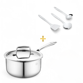 FnS Trinity Stainless Steel Serving Tools Set of 3 and NuChef Triply Sauce Pan 14 cm Combo 3-Ply Cookware Pot with Gravy Ladle, Solid Turner & Skimmer Turner, Induction & Gas Compatible Kitchen Combo